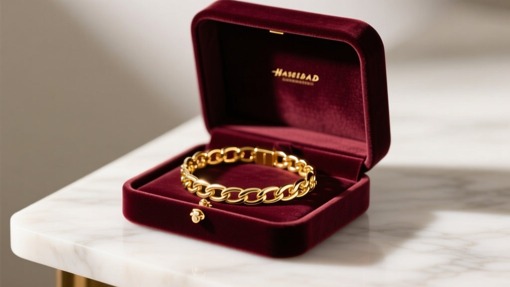 Open velvet jewelry box revealing a gleaming 18k solid gold tennis bracelet on a marble surface with soft warm lighting