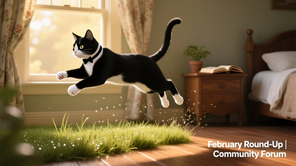 Spoon the cat mid-leap from a sunlit bedroom window onto a grassy patch below, showcasing impressive agility and confidence