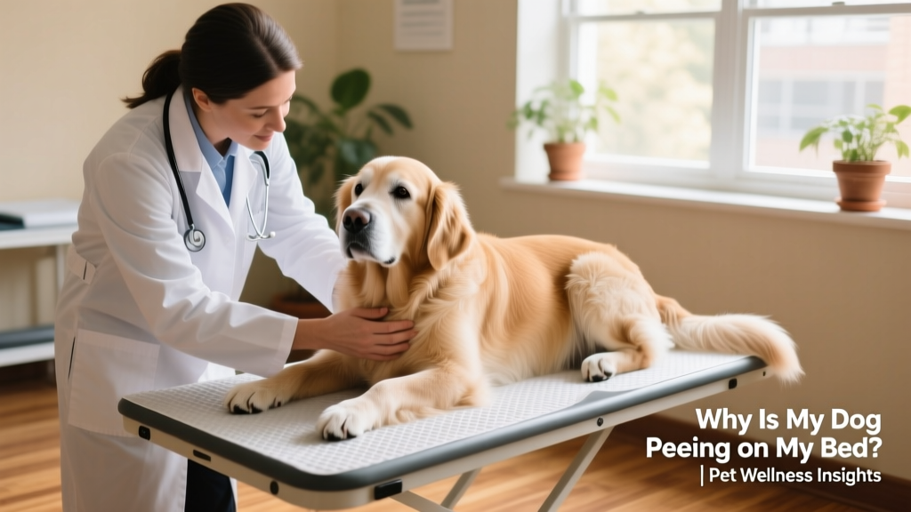 Veterinarian gently examining a senior dog during a wellness checkup
