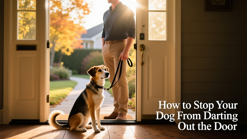Owner standing beside an open front door, dog sitting calmly at their feet, leash loosely held