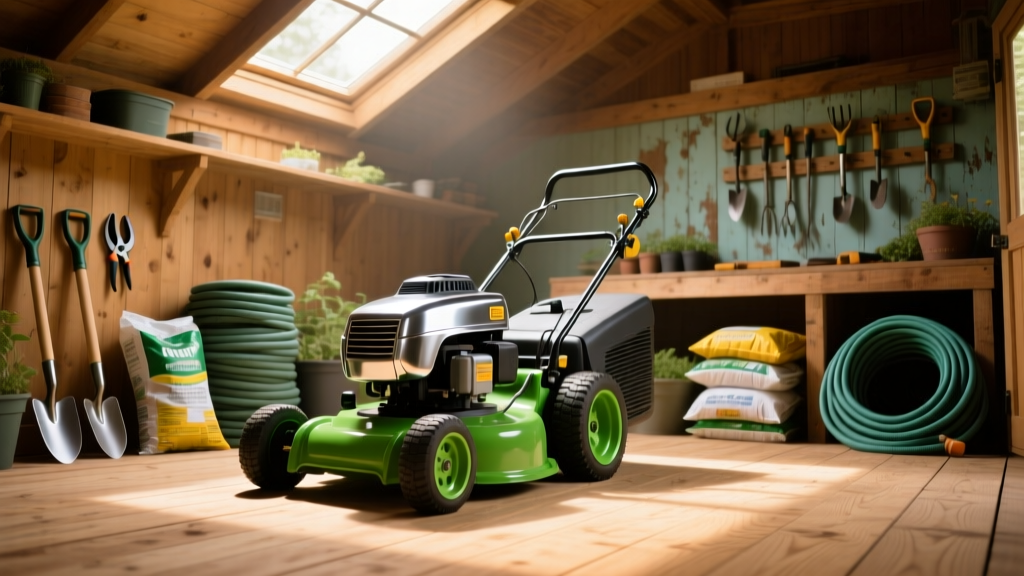 Sunlit wooden shed interior showing pressure-treated plywood flooring supporting a riding lawnmower and stacked garden supplies.