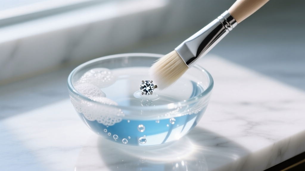 Soft brush cleaning a small diamond earring in a glass bowl of soapy water, lit by bright window light on a white marble counter.