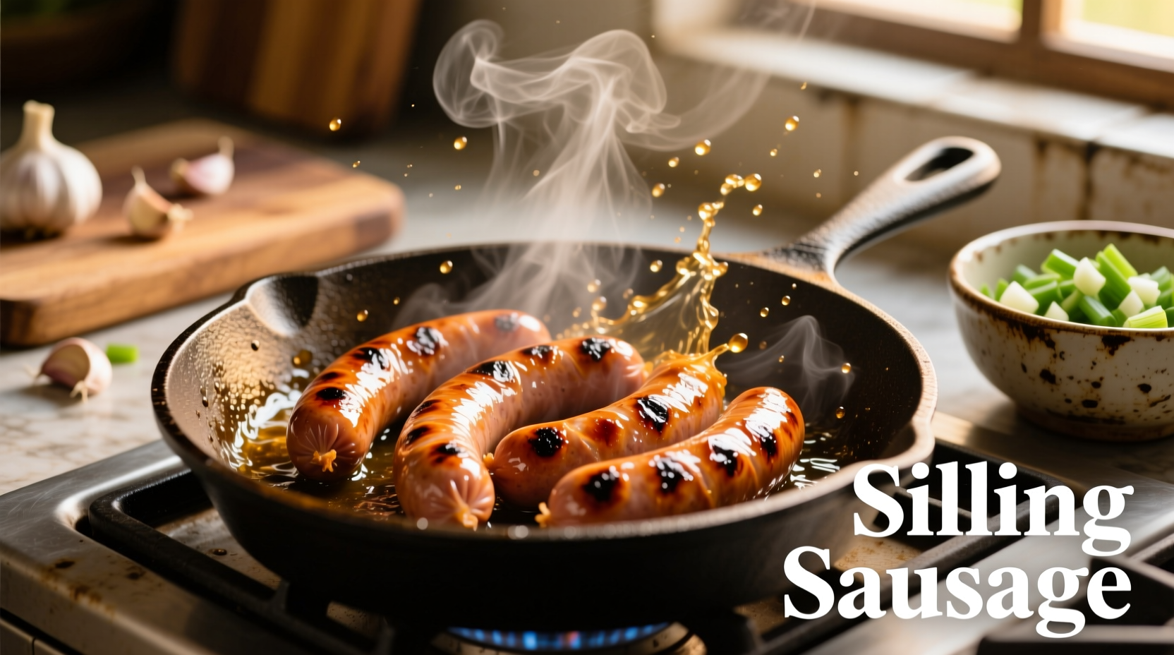Golden brown longganisa sizzling in cast iron pan