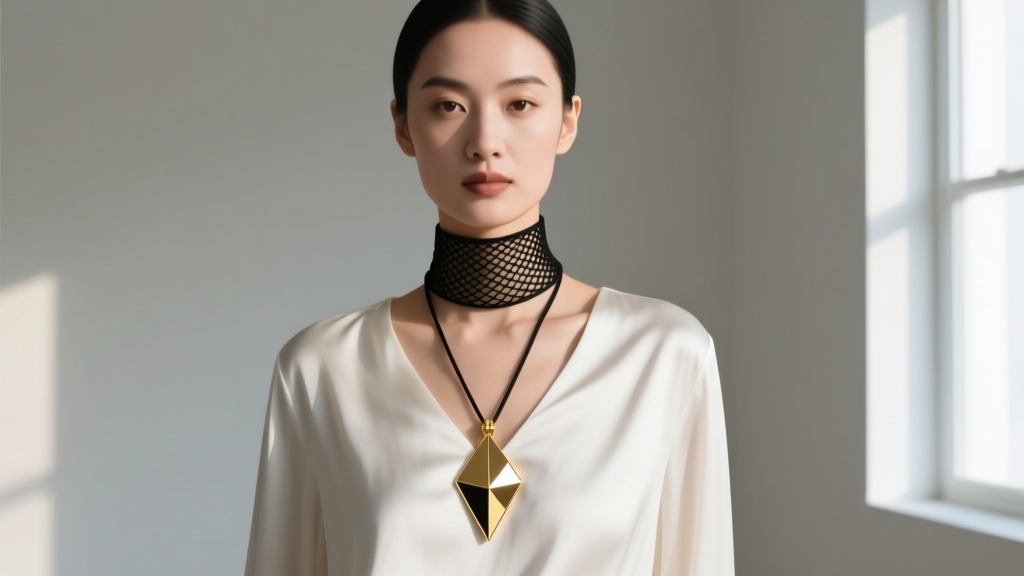 Woman wearing a black tubular mesh scarf necklace with a geometric gold pendant, draped loosely over a white silk blouse