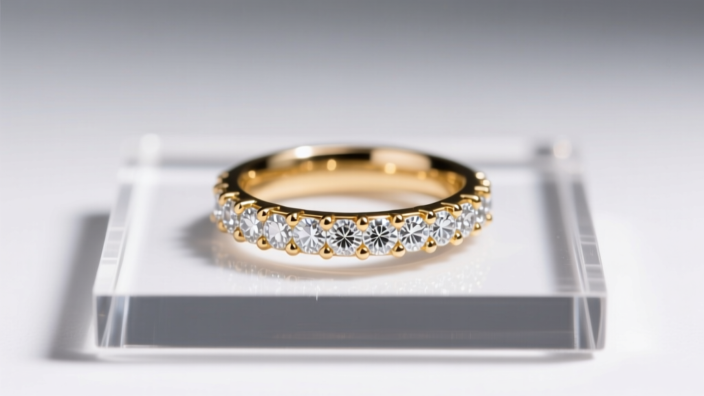 Macro shot of a micro-pave diamond ring inside a rigid acrylic slot, highlighting tiny metal prongs under bright studio lighting