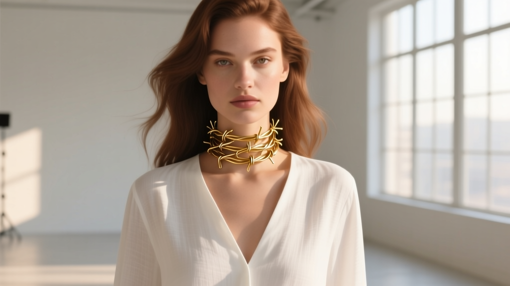 A model wearing a delicate 18-gauge gold barb wire choker layered over a crisp white linen V-neck blouse, natural sunlight.