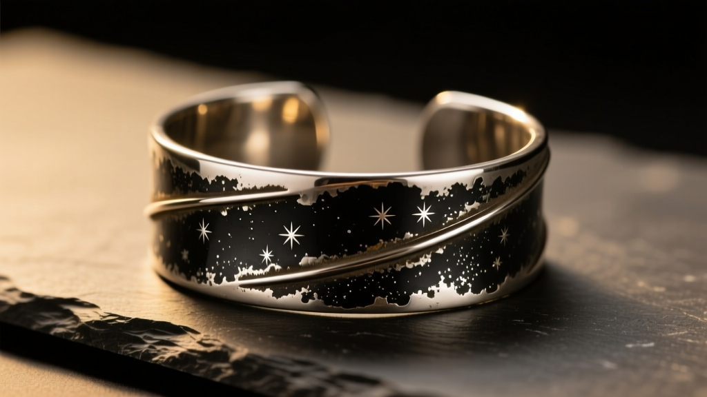 Tarnished vintage sterling silver cuff on dark slate revealing black silver sulfide patina under soft directional studio lighting