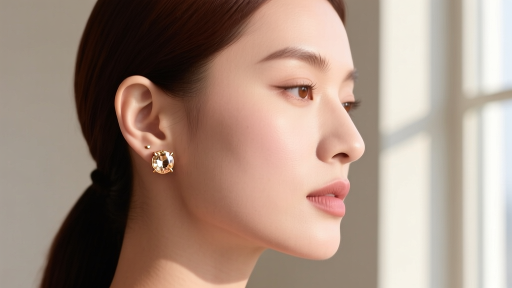 Side profile of woman wearing 20g 14k rose gold stud earrings with round champagne quartz crystals, hair tucked behind the ear