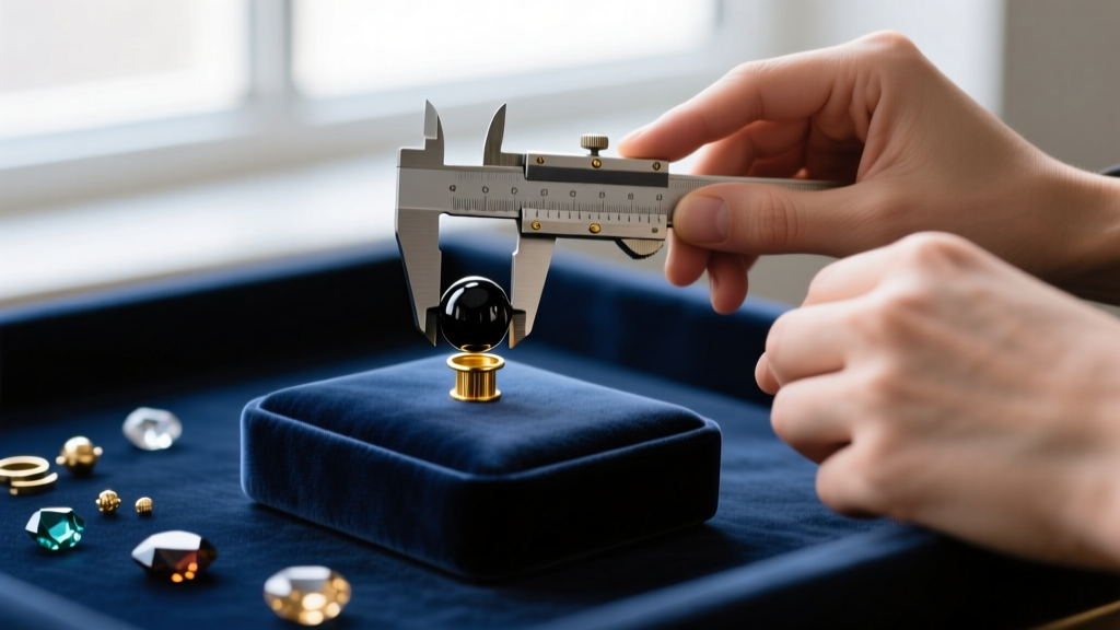 Jeweler using calipers to measure 8mm black glass beads and 3mm gold spacers on a velvet bench block with loose stones nearby