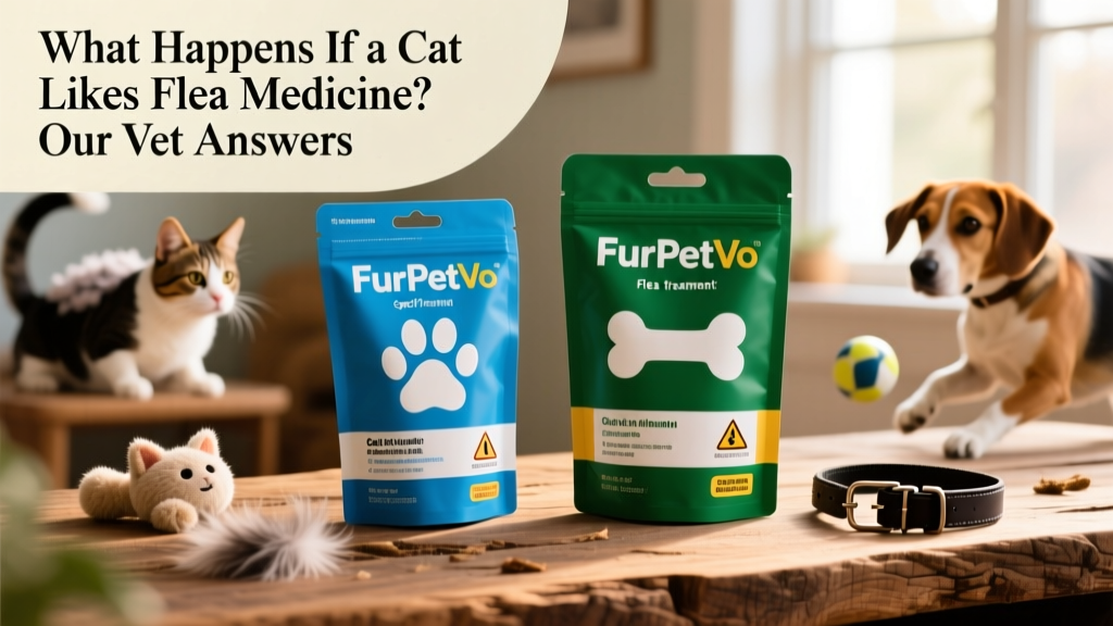Side-by-side comparison of two FurPetVo flea treatment packages: one for cats and one for dogs, clearly labeled