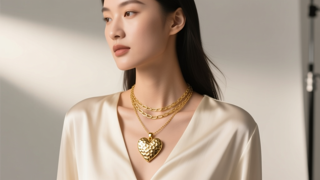 Model wearing a hammered golden heart necklace layered with a 14k gold paperclip chain over a cream silk blouse in soft light