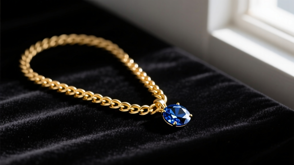 Flat lay of a 14k gold rope chain beside a detached sapphire pendant on dark velvet, showing separate jewelry components.