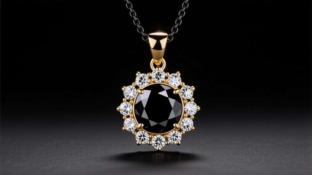 Black golden pendant with a bezel-set black diamond and white diamond halo on a dark chain, shown under dramatic studio lighting.