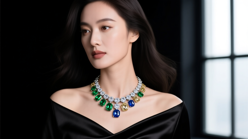 Profile of a woman wearing a 14-inch graduated lab-grown diamond choker with Old European cuts against a dark silk evening gown.