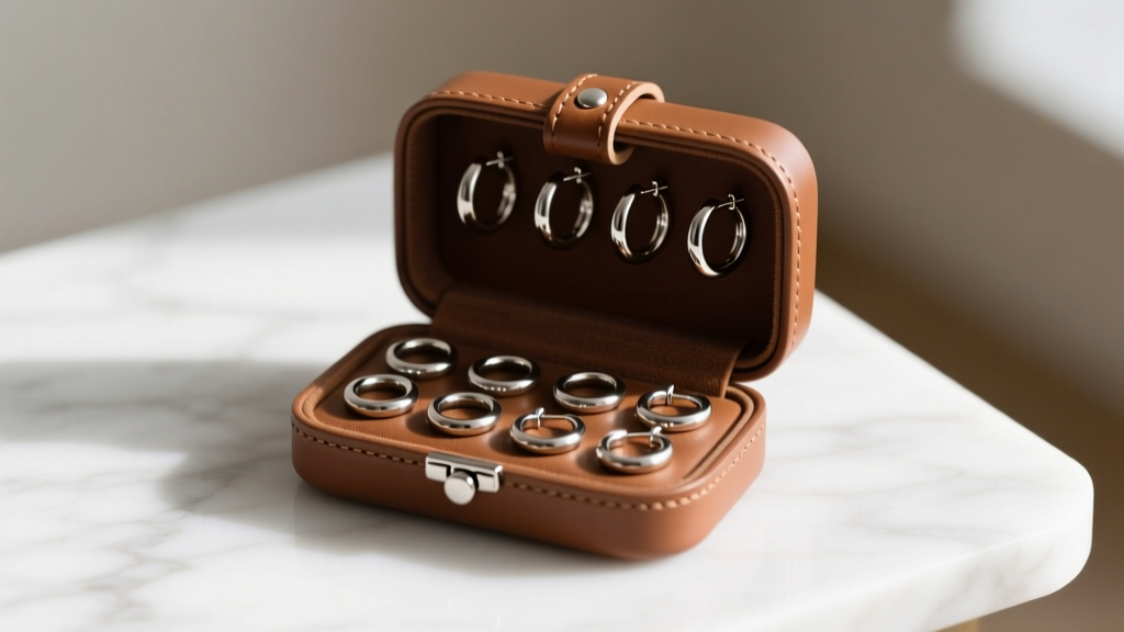Compact vegan leather travel earring box on marble, revealing a secure snap-lock strap holding 14-gauge titanium huggie hoops