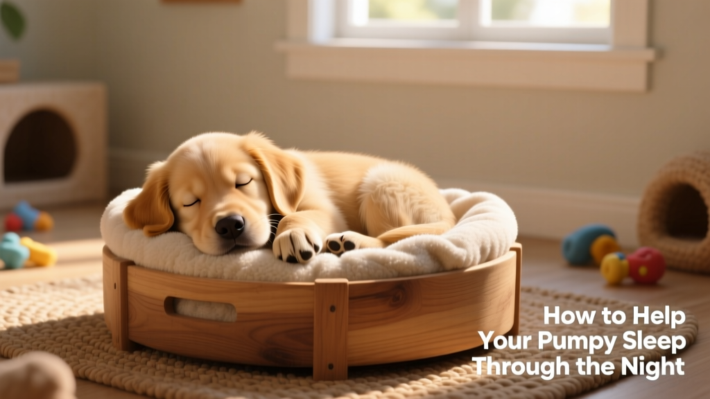 A calm, sleepy puppy curled up in a cozy crate with soft bedding