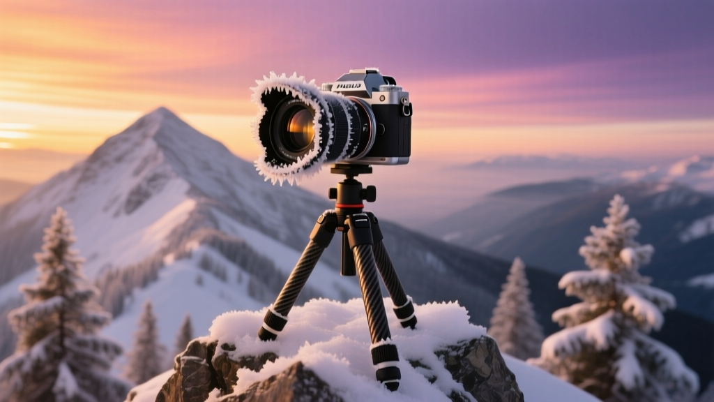 Rugged mirrorless camera on carbon fiber tripod in snowy alpine ridge, capturing winter sunset with frost on lens hood.