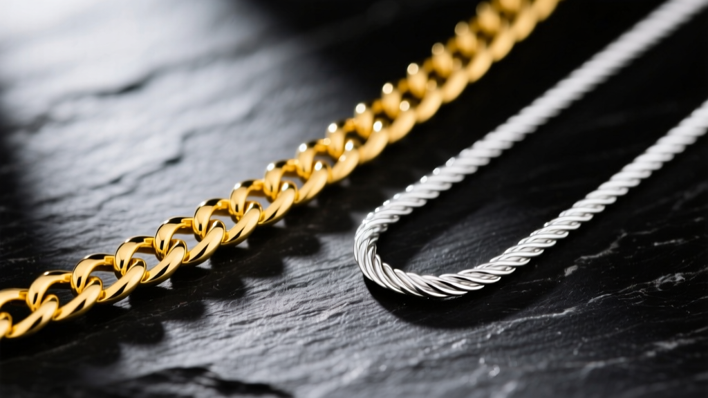 Macro shot comparing a 3mm 14k yellow gold curb chain and a 2mm white gold cable chain resting on a textured dark slate surface.
