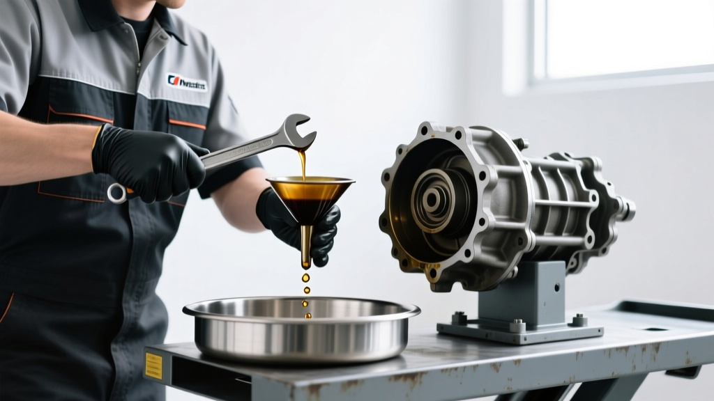 Certified automotive technician draining dark, degraded gear oil from a rear differential housing into a catch pan during service