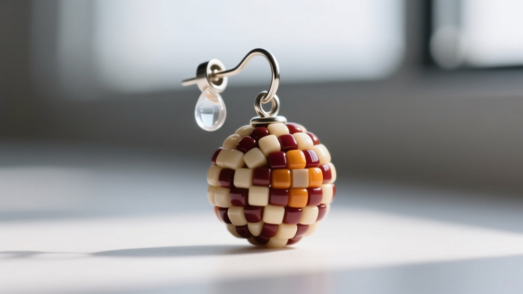Close-up of a steel earring post secured to the back of a peyote seed bead earring using a small drop of clear UV curing resin.