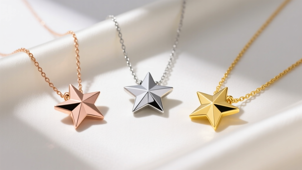 Rose gold, titanium, and yellow gold star necklaces on silk, displaying metal colors, fine chain gauges, and polished edges.