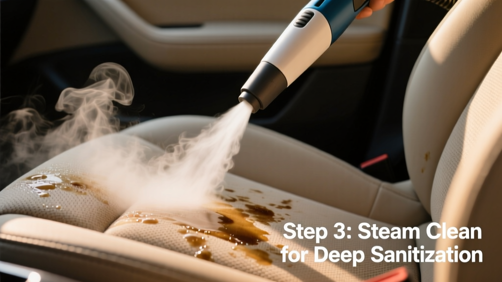 Steam cleaner nozzle being used on car seat fabric