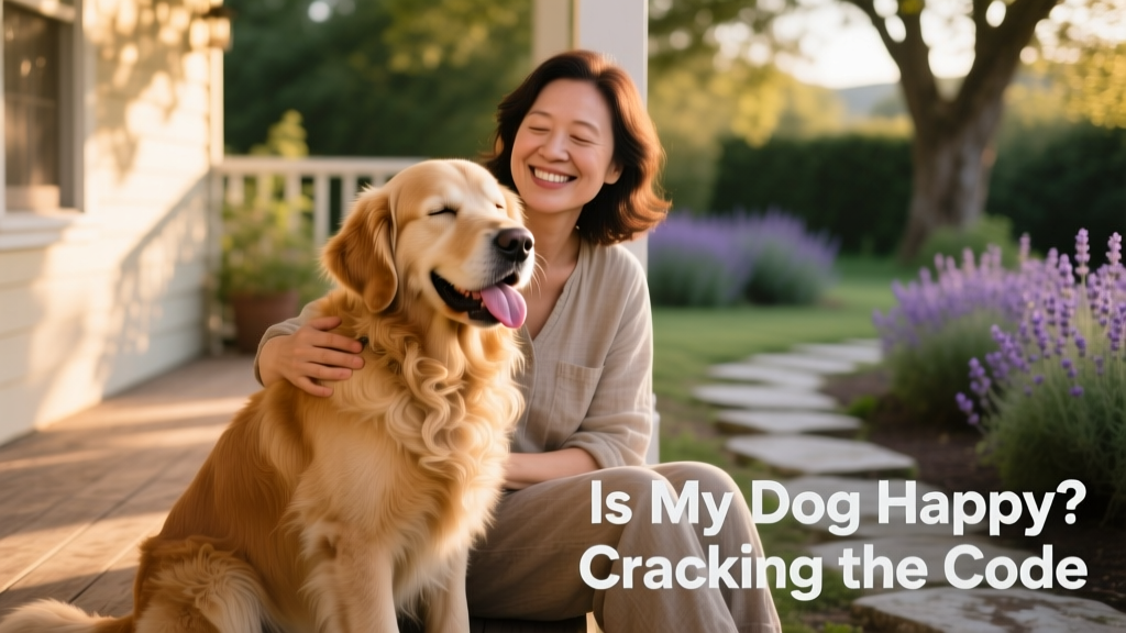 A smiling dog with relaxed eyes and an open, lolling tongue sitting calmly beside their owner