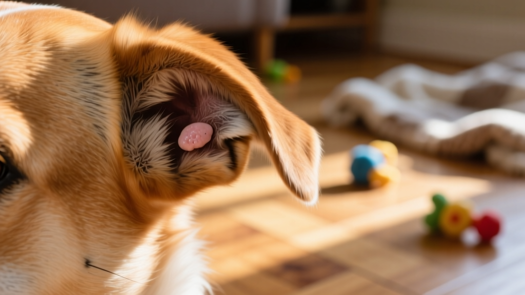 Close-up of a dog's skin showing a small, fleshy skin tag near the ear