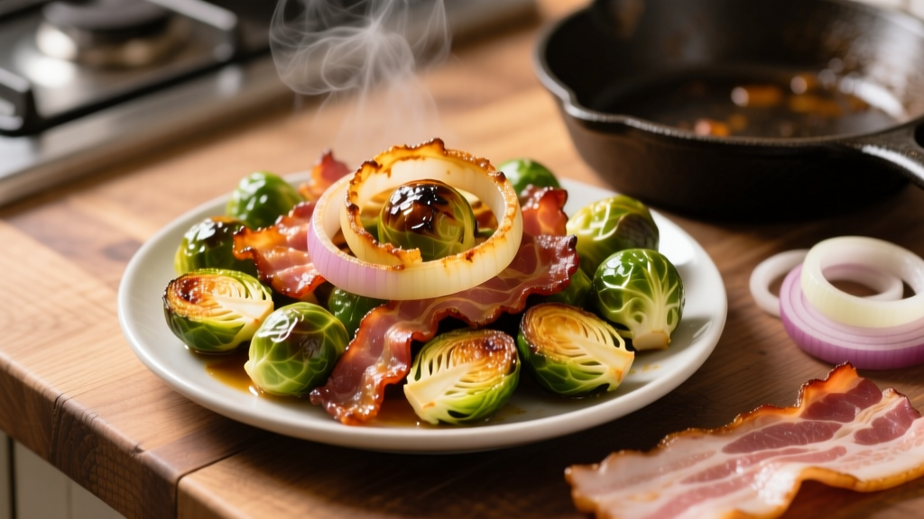 Air Fry Brussels Sprouts with Bacon & Onion (Crispy!)