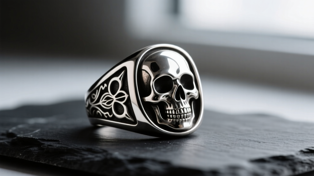 Oxidized .925 sterling silver signet ring with skull motifs, showing darkened crevices and polished edges on black slate.