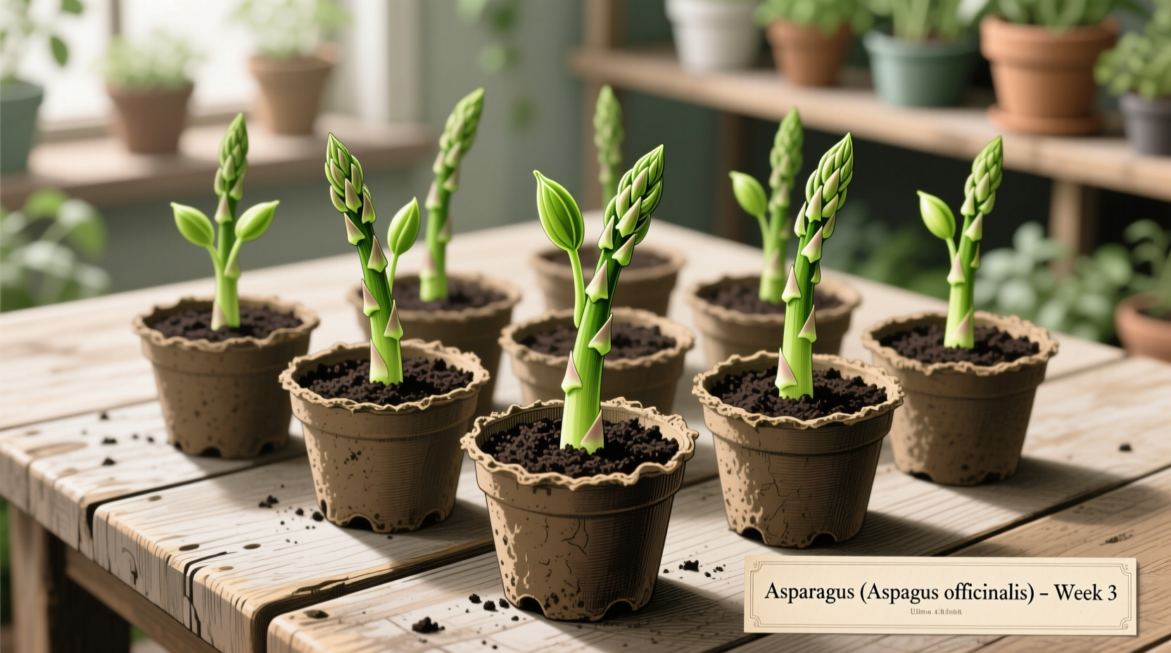 Asparagus seedlings in starter pots with healthy green shoots