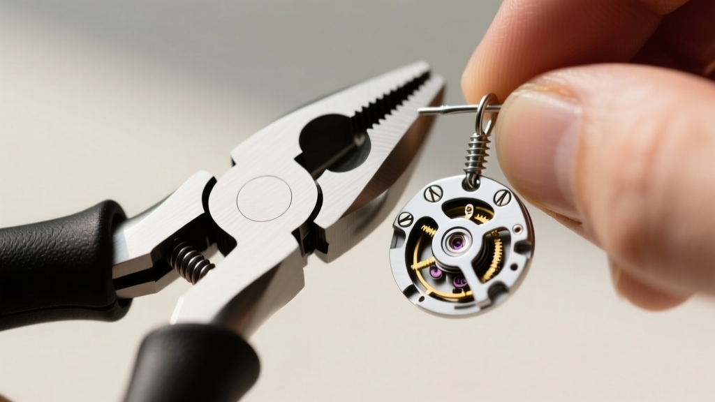 Close-up of nylon-jaw pliers gently adjusting the tension of a silver screw-back clip on earring mechanism under bright light