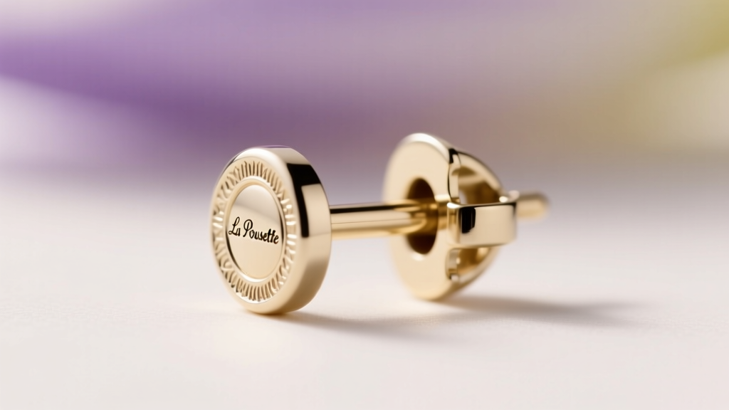 Macro view of a 20-gauge white gold earring post with a La Pousette locking clutch, set against a softly blurred background.