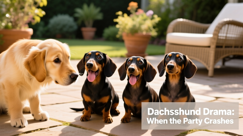 Close-up of a curious Golden Retriever puppy sniffing a group of three Dachshunds sitting side by side on a sunlit patio