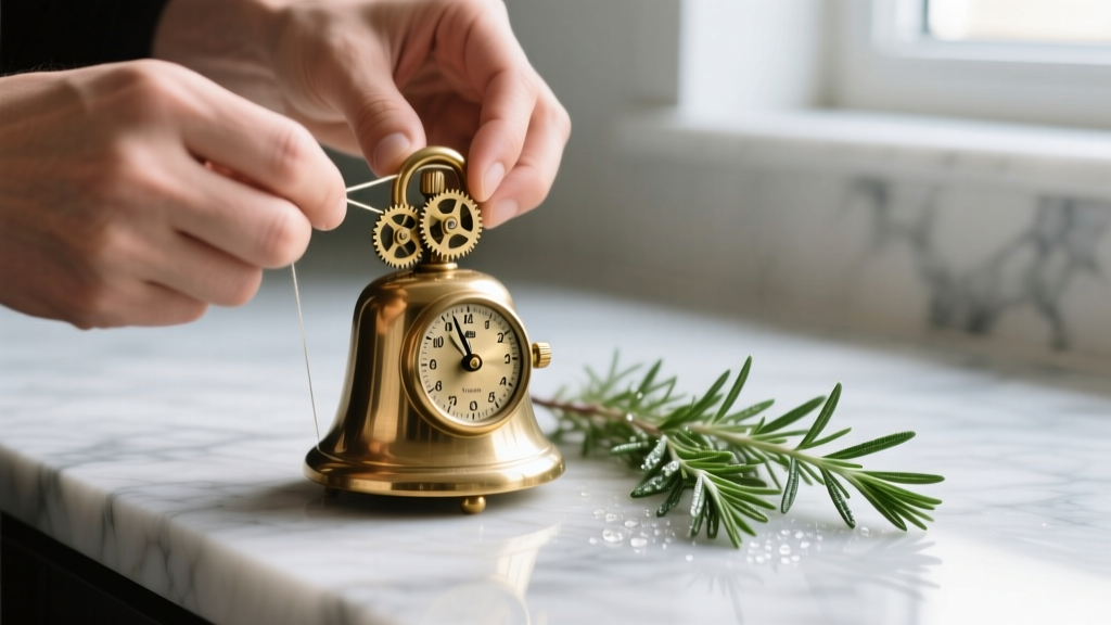 Hands winding a solid brass mechanical kitchen timer shaped like a bell on a marble countertop next to fresh rosemary sprigs