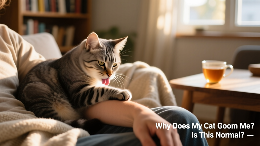 Cat licking a person's forearm while sitting calmly on their lap