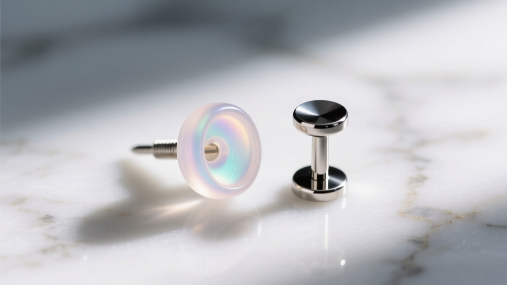 Macro photo of a translucent silicone stopper for earrings next to a polished titanium stud post on a white marble surface