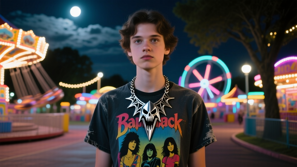 Visitor wearing a 20-inch stainless steel horror statement necklace over a vintage graphic band tee at a nighttime theme park.