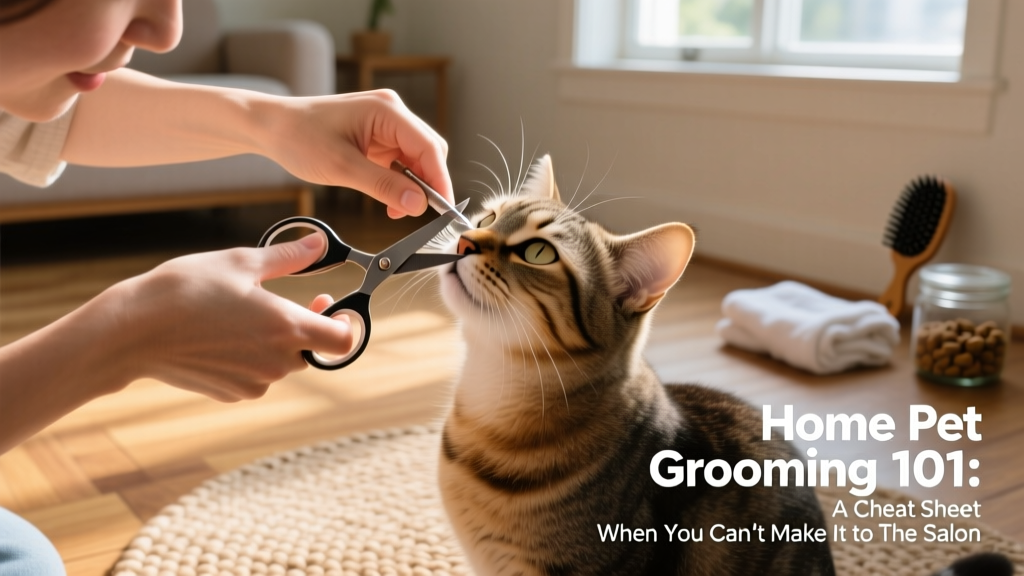 A person carefully trimming the hair around a cat's eyes with rounded-tip grooming shears