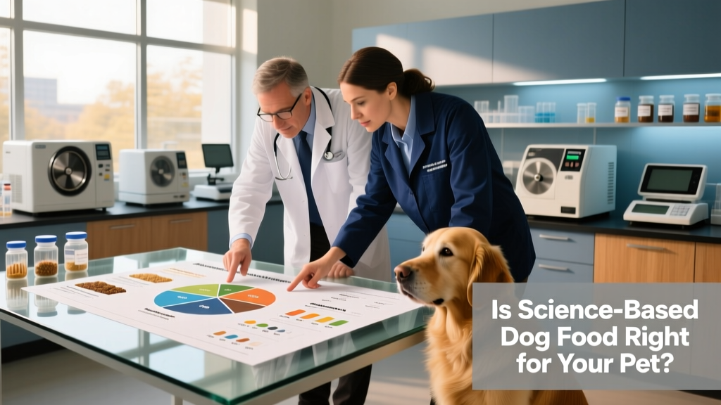 A veterinarian reviewing a dog food formulation chart alongside a nutritionist in a lab setting