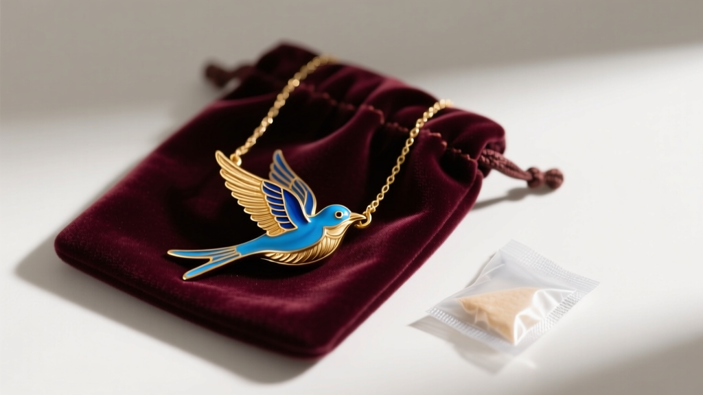 A restored gold vermeil blue bird necklace carefully stored in an anti-tarnish velvet pouch next to a small silica gel packet.