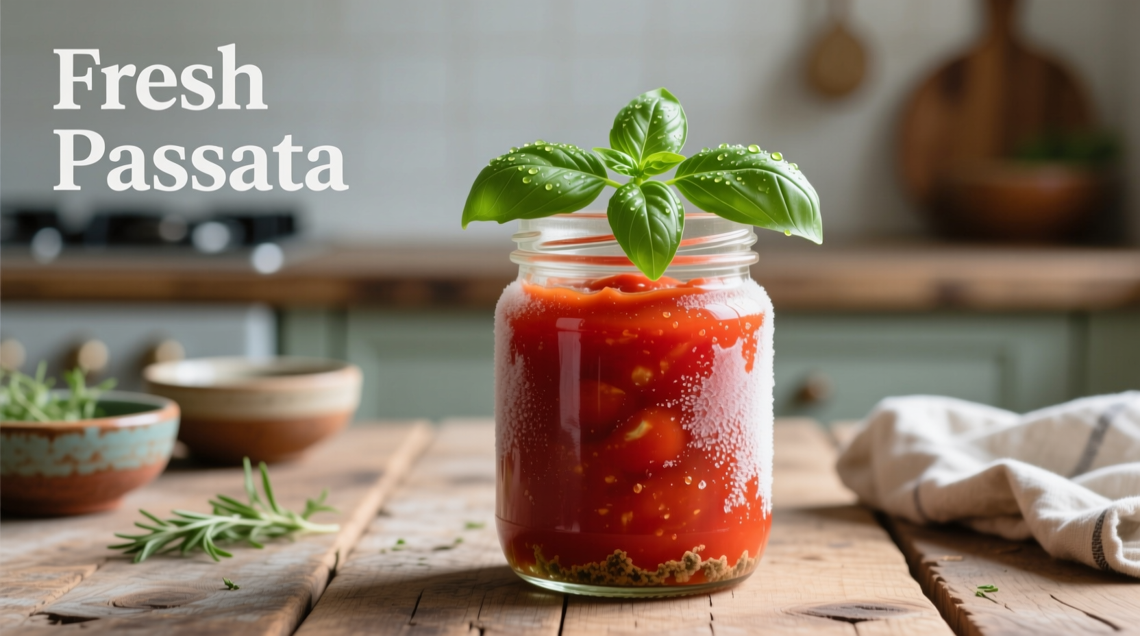 Fresh passata in glass jar with basil garnish