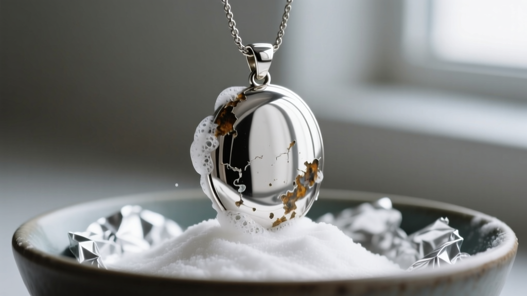 Tarnished silver pendant lifted from a bowl of baking soda and foil, revealing a partially restored and reflective silver surface.