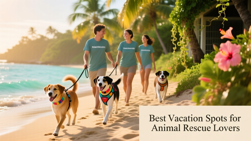 Volunteers walking shelter dogs along a sun-dappled coastal path with turquoise water and tropical greenery