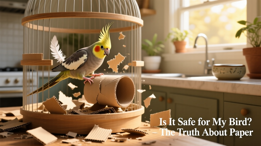 Cockatiel playfully shredding a cardboard paper towel roll in a cage
