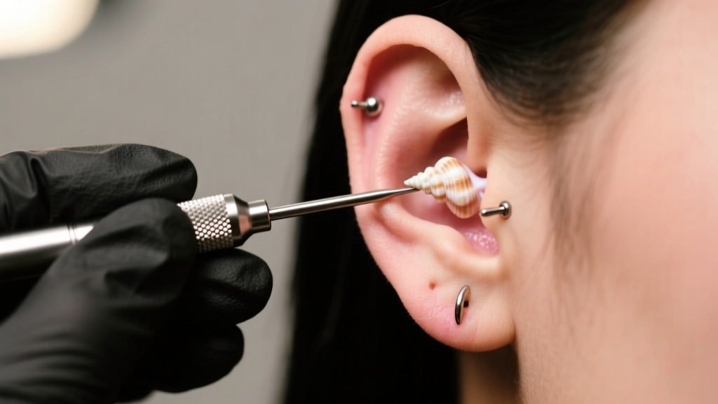Close-up of a piercer using a steel taper tool to safely transition a healed conch cartilage piercing from 16-gauge to 14-gauge