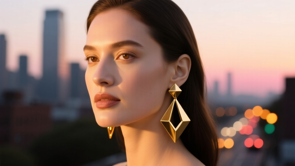 Portrait of woman with oval face wearing geometric brass drop earrings, warm golden hour light, blurred city background