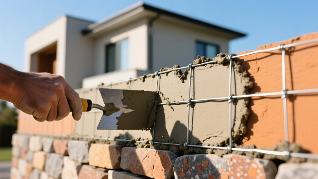 Close-up of a mason troweling polymer-modified veneer stone mortar onto a wire lath scratch coat on an exterior residential wall.