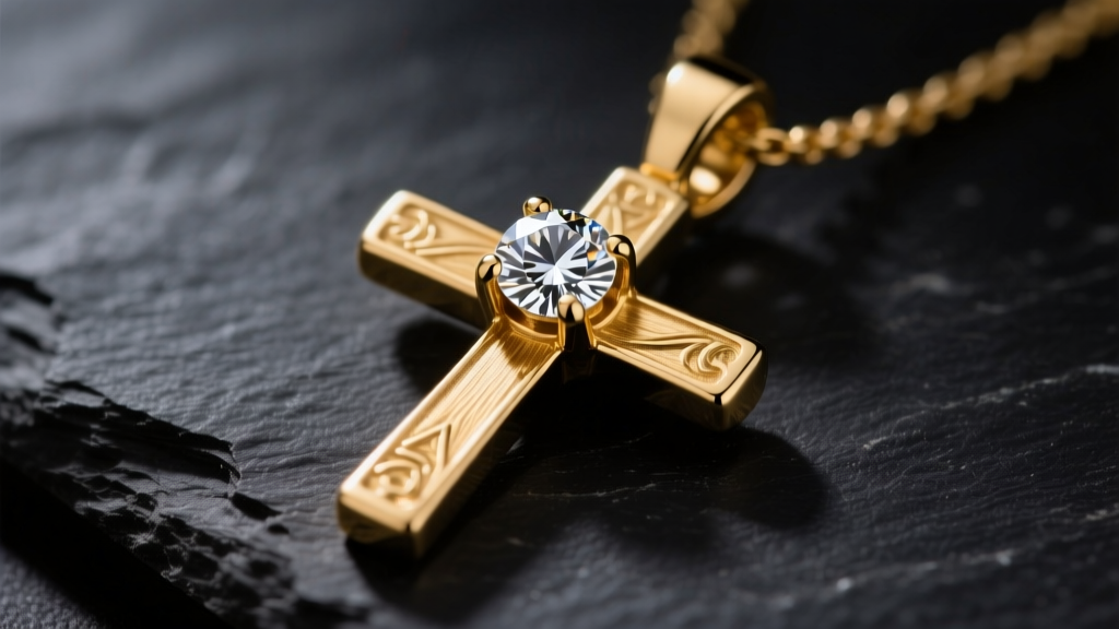 Macro shot of a 14k gold cross pendant with a 1-carat SI1 diamond resting on dark slate under moody lighting.