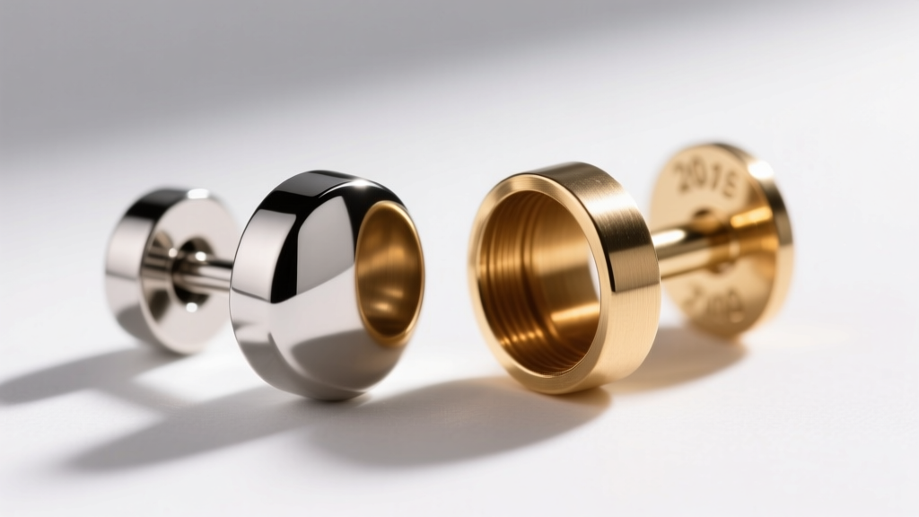 Macro photo of a 20-gauge titanium earring post beside a brass post, highlighting the smooth finish and hypoallergenic metal grade